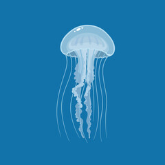 Naklejka premium Jellyfish illustration with transparent body and long tentacles on blue background in vector format 