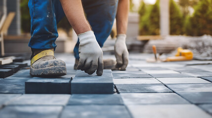 Construction Worker Laying Paving Stones