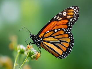 Obraz premium Vibrant Monarch Butterfly perched on a delicate flower, symbolizing transformation and beauty. Ideal for nature documentaries, educational materials, and conservation campaigns.
