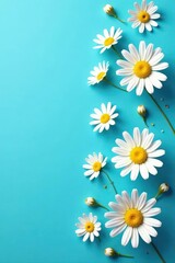 Fototapeta premium Delicate chamomile daisies scattered on vibrant blue background, closeup, stock