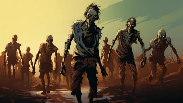 Undead Horde: A haunting depiction of a horde of zombies shuffling towards the viewer under an ominous sky, evoking a sense of dread and the chilling unknown.