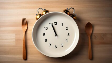 Time for Meal: A conceptual still life, highlighting the timing of nourishment, with a plate transformed into a clock face, flanked by a wooden fork and spoon, all set on a warm wood grain surface.