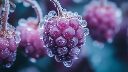 Frozen raspberries glistening with icy droplets.