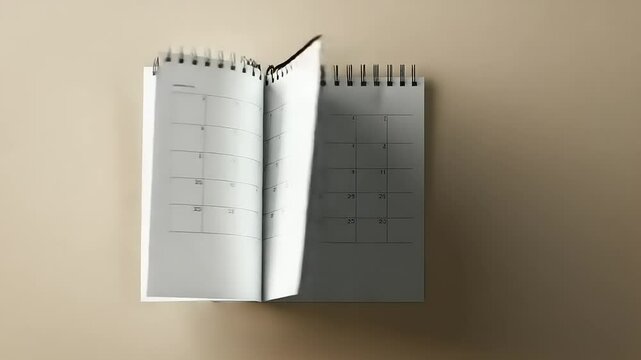 A blank calendar flipping through pages on a neutral background, symbolizing planning and time management