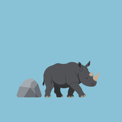 Fototapeta premium Rhinoceros wild animal walking near rock on blue background vector illustration in flat style 