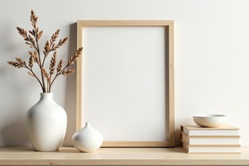 Minimalist Scandi boho home decor Wooden frame, vase, books , cozy, rustic