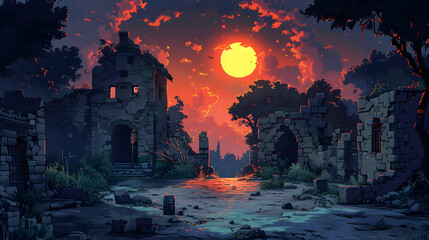 Pixel Art Ruins at Sunset: A Dark Fantasy Landscape
