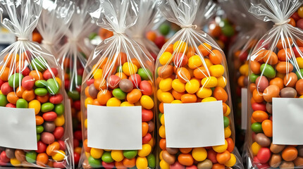 Clear plastic bags with blank labels containing colorful candies on supermarket shelves