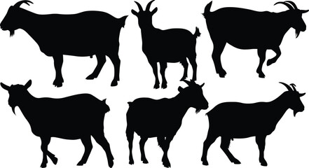 Silhouetted goats in various poses on white background