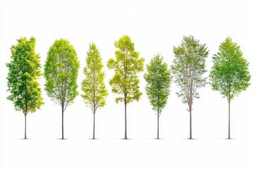 Obraz premium Row of vibrant green trees against white background. Full and healthy foliage. Different shades of green. Isolated for design purposes