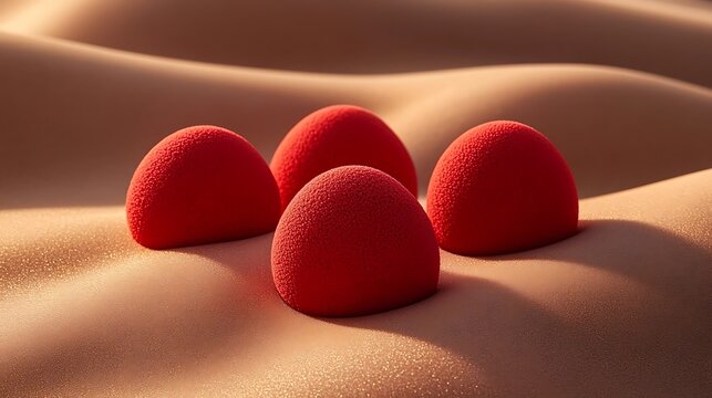 Four red, textured spheres rest on a light-brown surface.