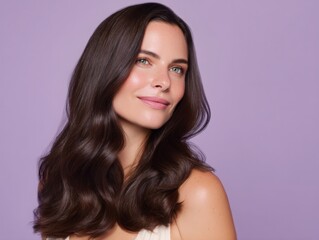 Radiant woman with flowing brunette hair against a lavender background, representing beauty and confidence. Ideal for hair care ads, beauty blogs, and skincare promotions.