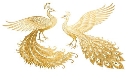 Majestic royal bird design with symmetrical golden peacocks, detailed plumage and sleek linework, elegant pattern on white background, 8K clarity