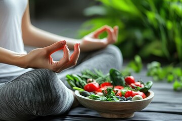 Meditation with fresh vegetables and fruits in a peaceful indoor setting