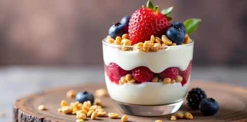 Yogurt parfait layered with granola & berries, yogurt parfait, top view, simple