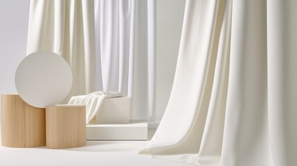 Minimalist interior scene featuring white curtains and wooden elements in a serene setting