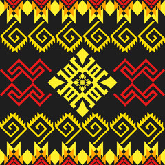 Seamless geometric ethnic pattern. Native American tribal fabric, tiles, rugs, Navajo. Vector illustration design. Yellow, red and orange colors on dark background. Diamond, triangle, arrow graphics.