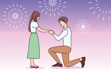 Engagement. Man proposes with a marriage ring. . Illustration for a postcard, congratulations. The couple makes plans for the future, creating a family. Symbol of love and romance.