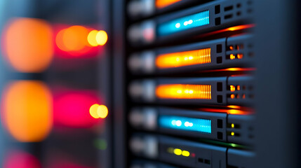 Naklejka premium Close Up Of Illuminated Server Racks In A Data Center