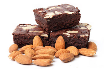 Chocolate almond Cake and with Whole almonds. isolated on white background.