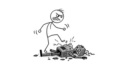 Stick Figure Kicking Broken Robot Lying on Ground with Anger