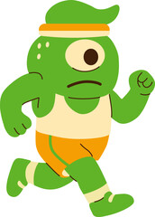 Green Cartoon Monster Running in Athletic Outfit and Headband