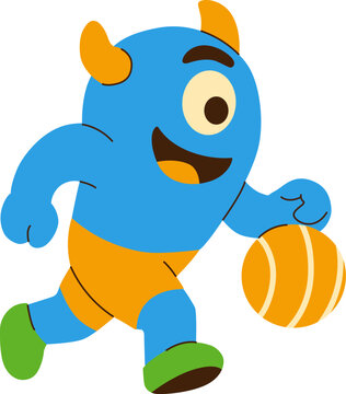 Playful Blue Monster Cartoon Character Dribbling a Basketball in Sports Animation