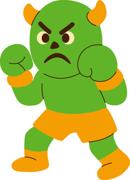 Cartoon Green Monster in Boxing Pose with Determined Face Expression