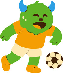Cartoon Green Monster Playing Soccer With Enthusiasm and Joy
