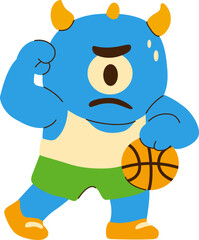 Cartoon Blue Monster Holding Basketball in Determined Athletic Pose