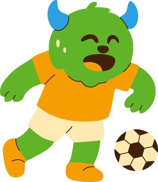 Cartoon Green Monster Playing Soccer With Enthusiasm and Joy