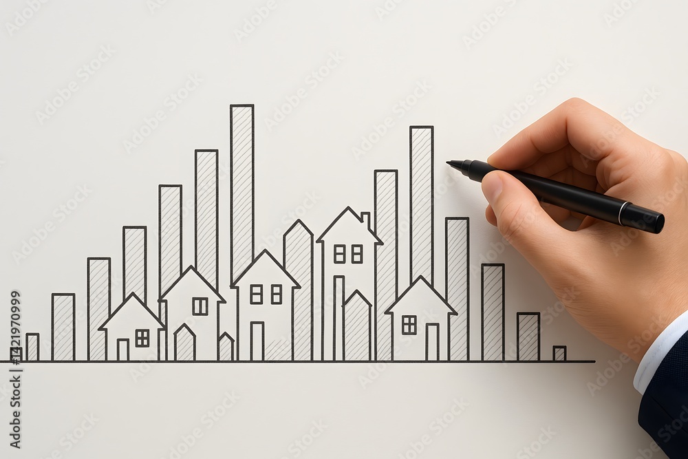 Poster hand drawing chart with houses and rising graphs on white background