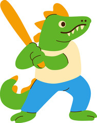 Cute Dinosaur Playing Baseball With a Bat in a Fun Cartoon Style