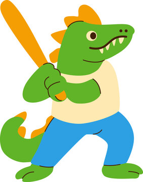 Cute Dinosaur Playing Baseball With a Bat in a Fun Cartoon Style