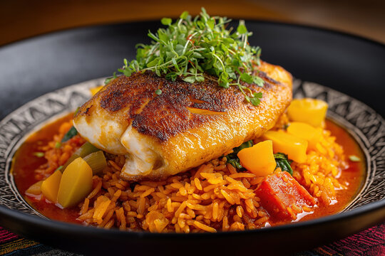 High‑Resolution Close‑Up of Thieboudienne (Ceebu J&euml;n) with Flaky Grouper over Broken Rice in Spiced Tomato Sauce Garnished with Microgreens &ndash; Authentic Senegalese National Dish