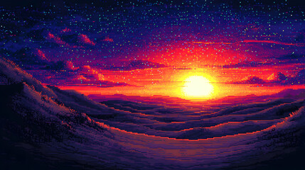 Obraz premium Pixel Art Sunset Landscape: Vibrant Red And Orange Sunset Over Dark Mountains Under Starry Night Sky