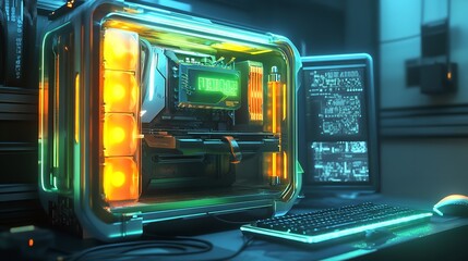 Obraz premium Futuristic gaming pc build neon lights custom computer hardware components technology desktop workstation