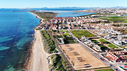 Aerial view of Torre de la Horadada, Spanish town located on Mediterranean Sea. Costa Blanca. Spain
