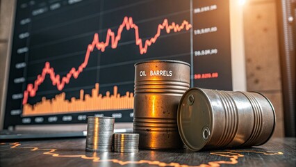 Oil barrels positioned on a table in front of a computer screen displaying a rising stock market graph.