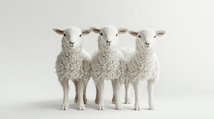 Three white sheep standing together on a white background for easter decor and spring decorations