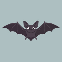 Fototapeta premium Cute cartoon bat with spread wings flying vector illustration on blue background 