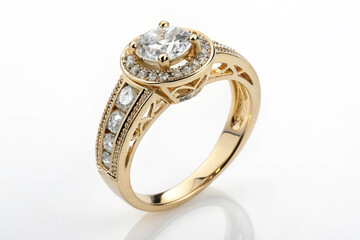 Elegant gold engagement ring showcasing a brilliant round cubic zirconia center stone with a sparkling halo and pav&eacute;-set accents along the band, symbolizing love.