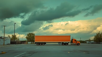 Solitary Orange Truck Under a Dramatic Sky