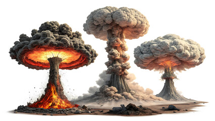 Three mushroom clouds rising in the sky with fire and smoke against a black background on a ground