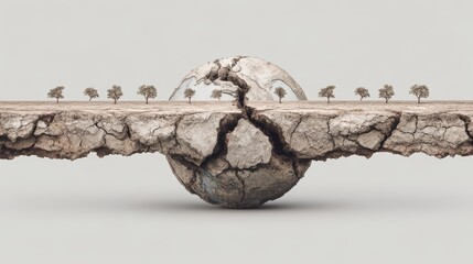 Cracked Earth Landscape with Trees and a Sphere Representing Environmental Change
