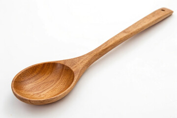 A simple, light-colored wooden spoon with a smooth, curved bowl and straight handle, presented against a stark white background, a common kitchen tool.