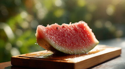 Fresh watermelon slice on wooden board summer fruit refreshment healthy eating juicy and delicious treat