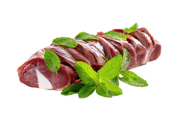 Meat on the bone, cut into slices and garnished with mint leaves, against a white background, png