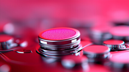 Close-up of Pink Textured Button on Red Metallic Surface