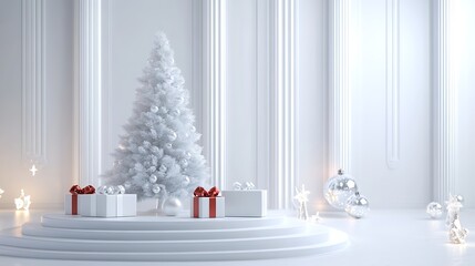 Elegant christmas tree pedestal display with white gifts and gold bows image